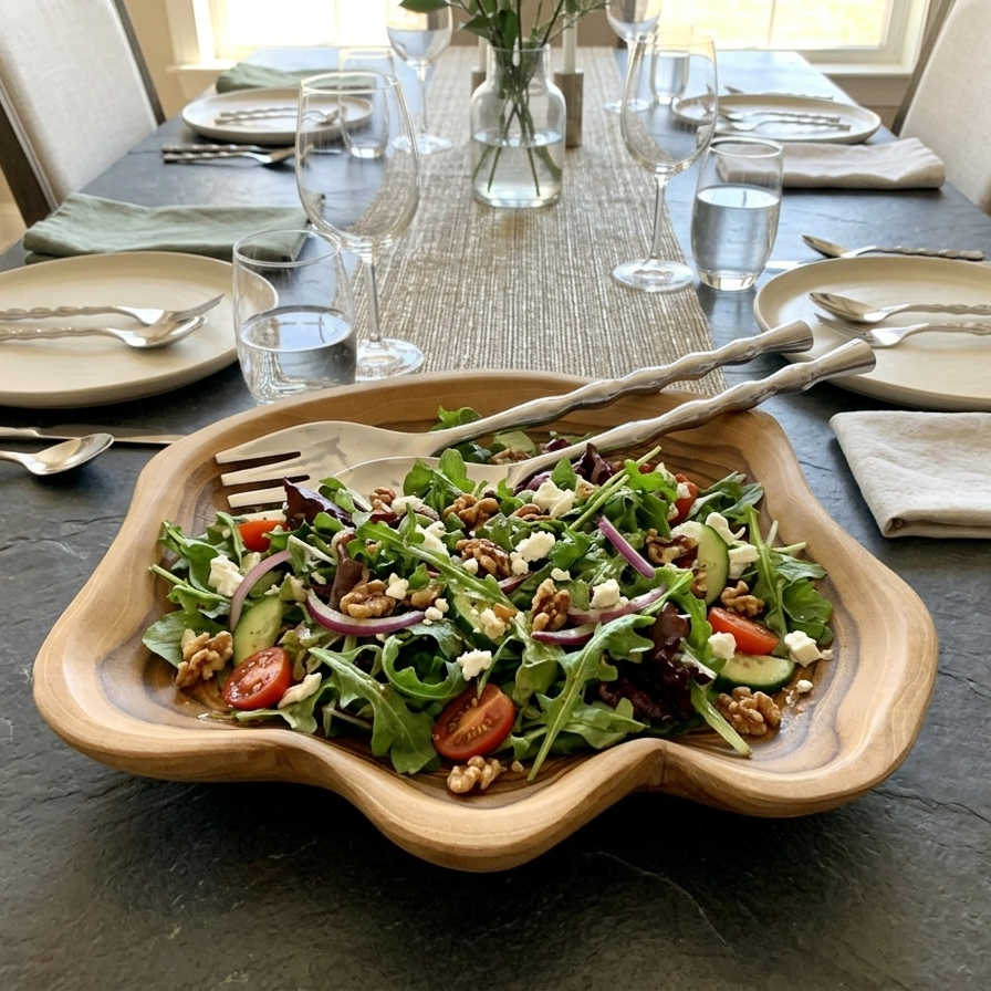 Hand-forged silver salad servers resting on a fresh green salad in a large, wavy-edged natural wood bowl on a dark slate dining table set for a dinner party.