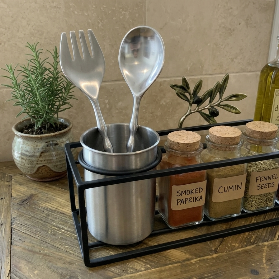 Sculptural silver serving spoon and fork set stored in a stainless steel caddy alongside glass spice jars with cork lids in a modern black metal kitchen organizer.