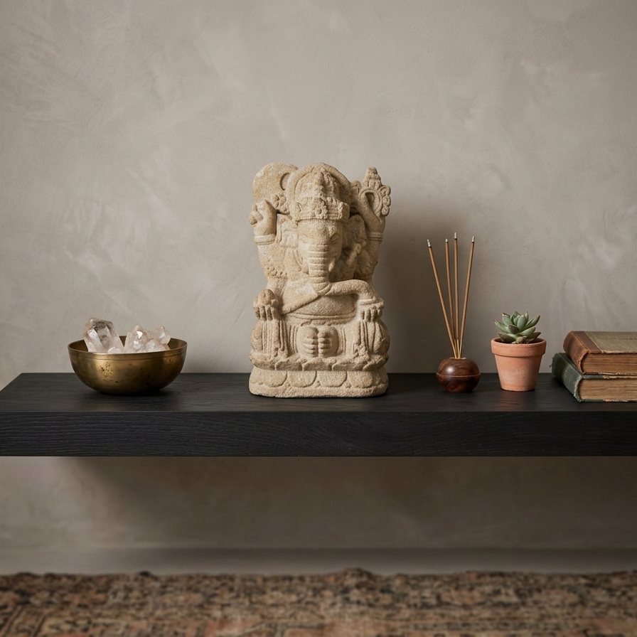 Zen-style Ganesha sandstone carving on a black floating shelf with incense sticks and crystals against a textured neutral wall.