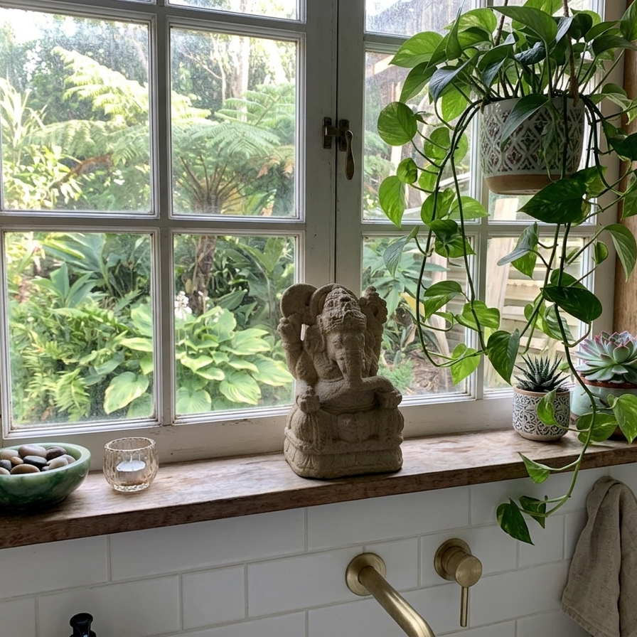 Weathered stone Ganesha statue placed on a wooden window sill in a bright bathroom surrounded by lush green hanging plants.