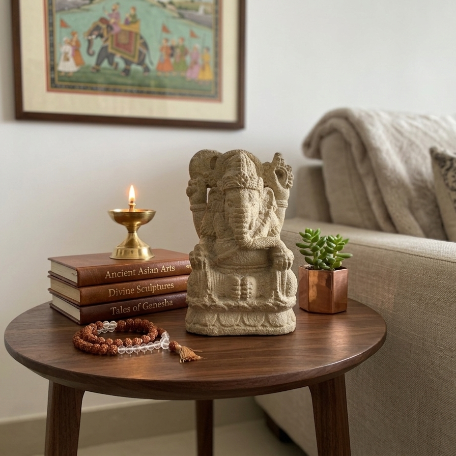 Small Ganesha elephant god statue on a dark wood side table with a lit brass diya lamp, prayer beads, and succulent plant.