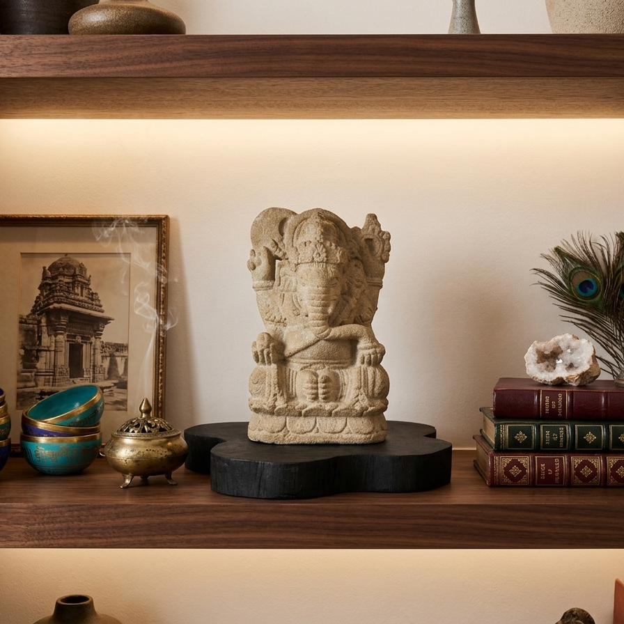 Lord Ganesha sandstone statue displayed on a backlit wooden shelf with spiritual accessories, singing bowls, and peacock feathers.