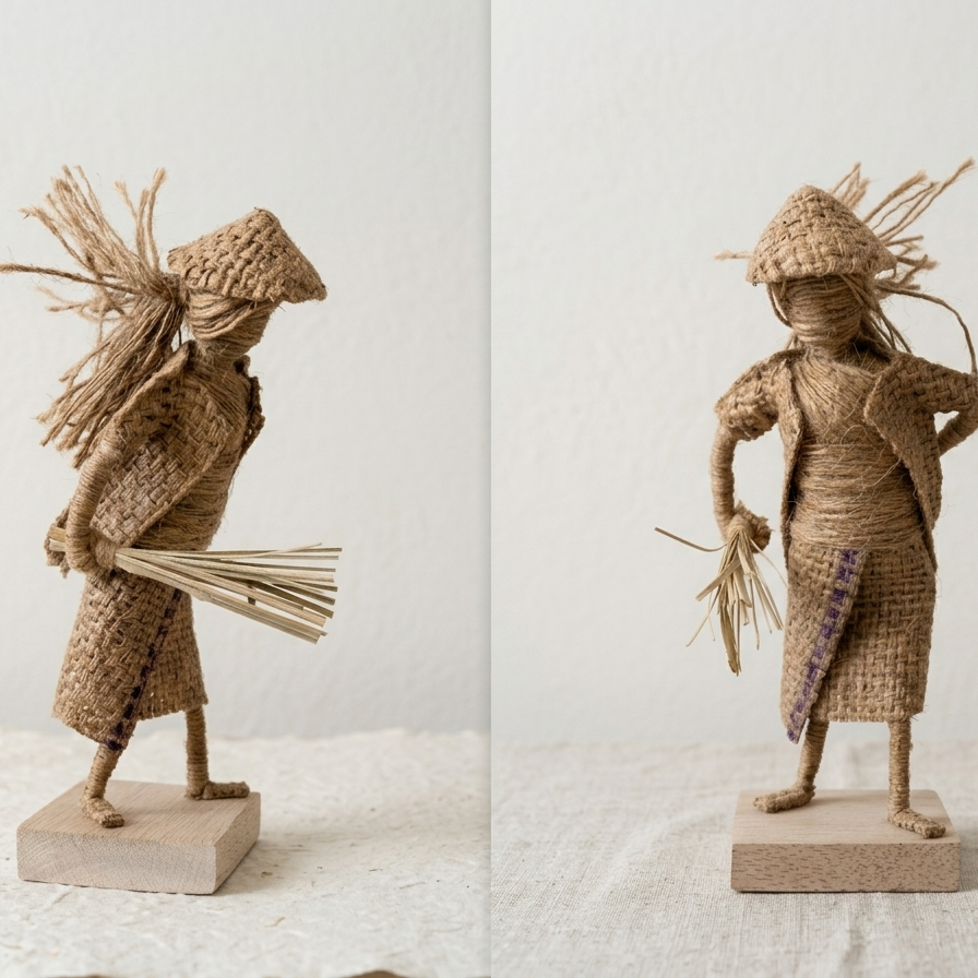 Two woven figures with hats and brooms on a light background