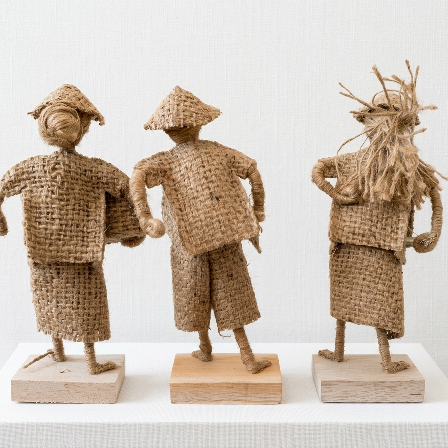 Three woven straw figures on wooden stands against a white background