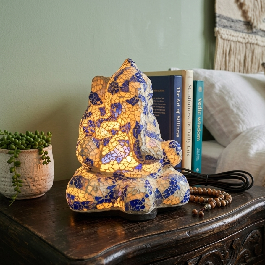 Handcrafted Blue and White Ganesha Mosaic Lamp