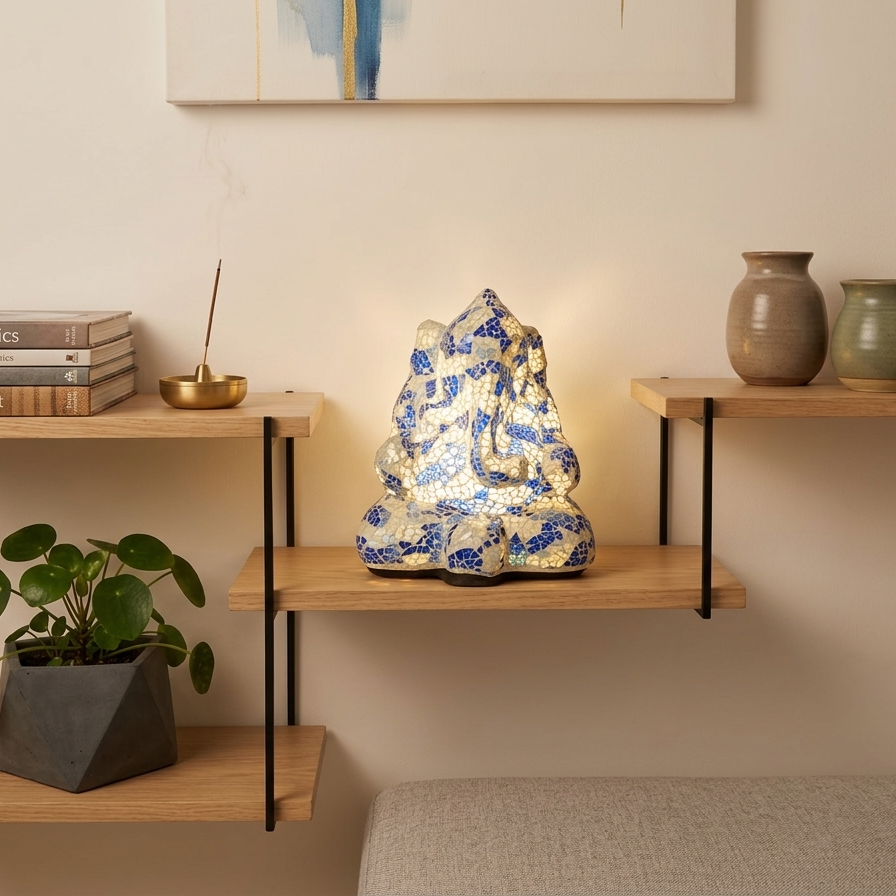 Handcrafted Blue and White Ganesha Mosaic Lamp