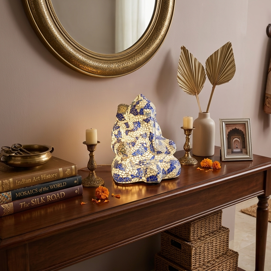 Handcrafted Blue and White Ganesha Mosaic Lamp