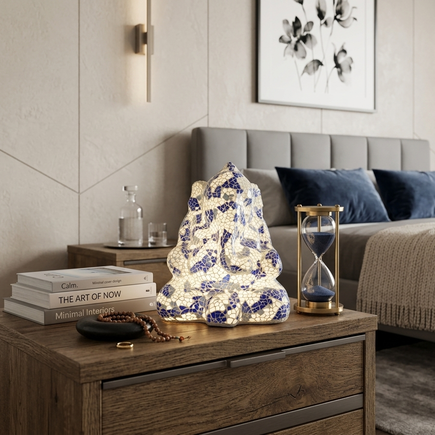 Handcrafted Blue and White Ganesha Mosaic Lamp