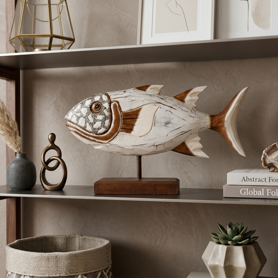 Hand-Carved Rustic Wooden Fish Sculpture on Stand – Coastal Driftwood Style Decor