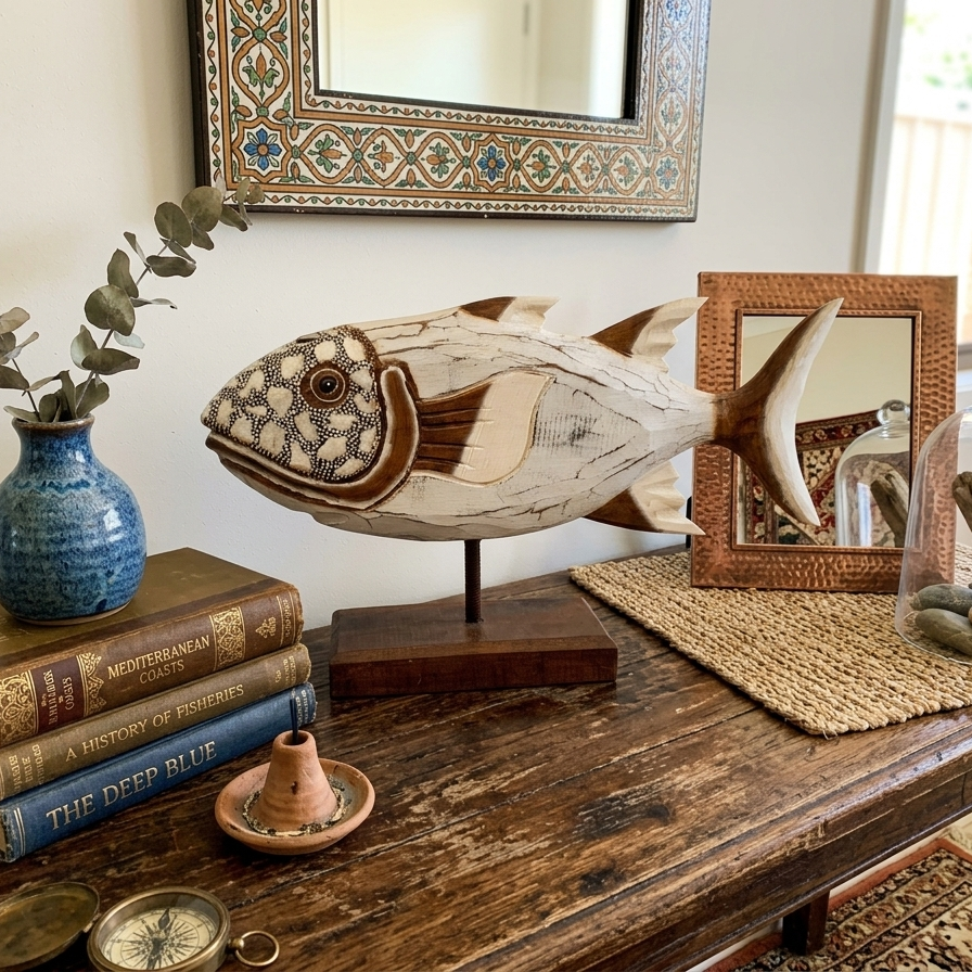 Hand-Carved Rustic Wooden Fish Sculpture on Stand – Coastal Driftwood Style Decor