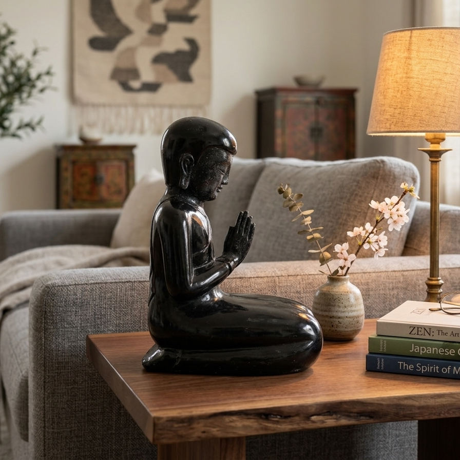 Hand-Carved Black Lacquer Kneeling Devotional Statue