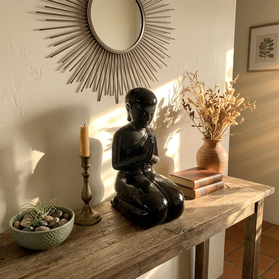 Hand-Carved Black Lacquer Kneeling Devotional Statue