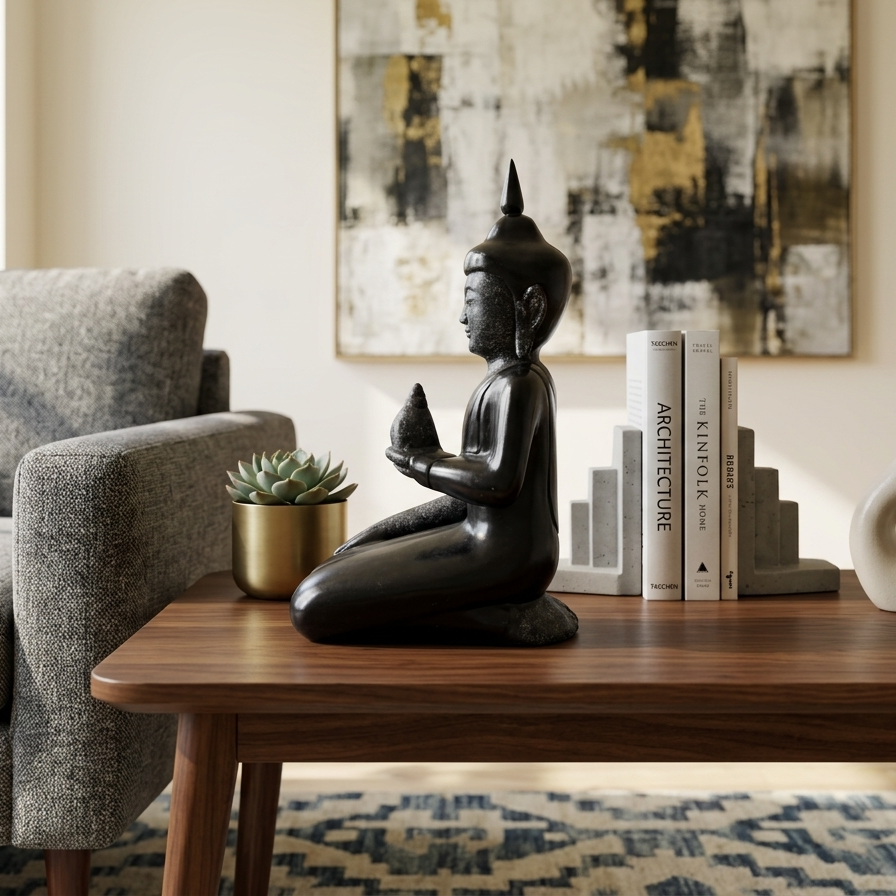 Hand-Carved Black Lacquer Kneeling Devotional Statue