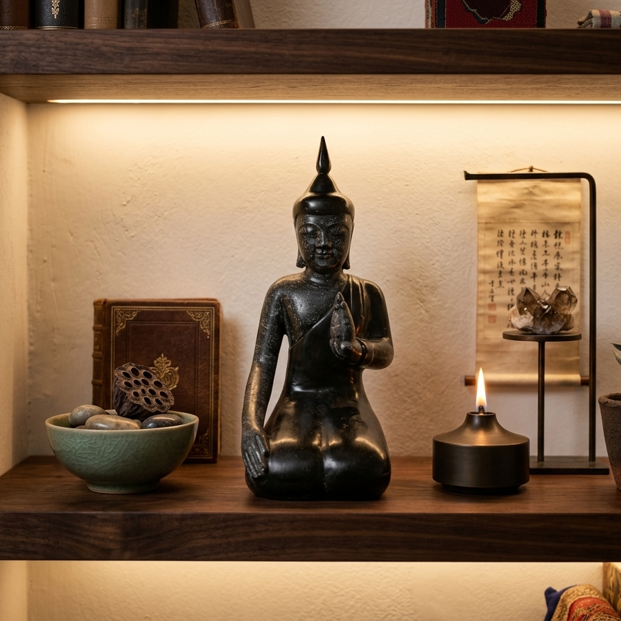 Hand-Carved Black Lacquer Kneeling Devotional Statue