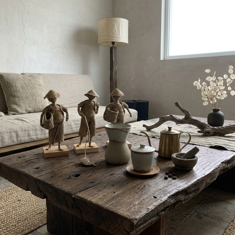 A trio of jute-wrapped statues stands on a weathered, dark wood coffee table. One figure holds a basket, another a fishing pole, and the third a bundle of stalks. The setting is a minimalist room with a linen sofa and a ceramic tea