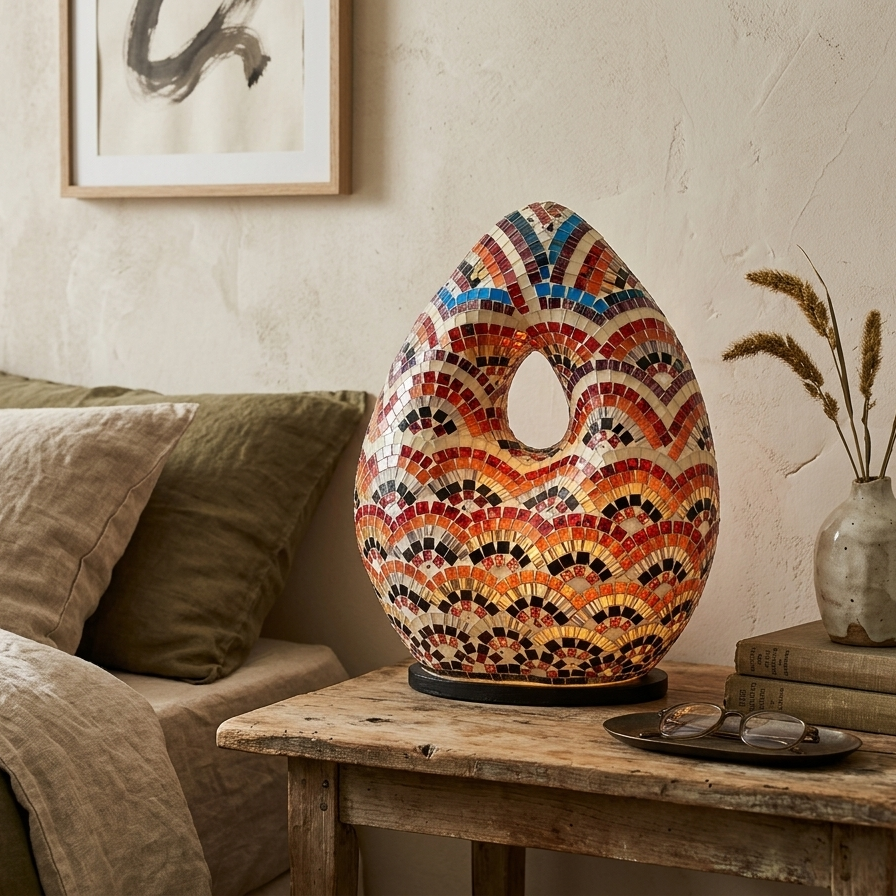 Handcrafted mosaic table lamp with a colorful scalloped pattern sitting on a rustic wooden nightstand next to a linen-covered bed and a small vase of dried grass.