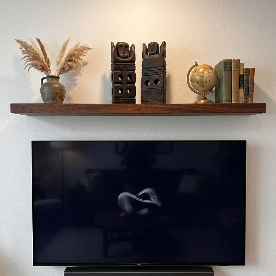 Set of two primitive wood totems centered on a floating walnut shelf above a wall-mounted TV, creating a balanced and artistic focal point.