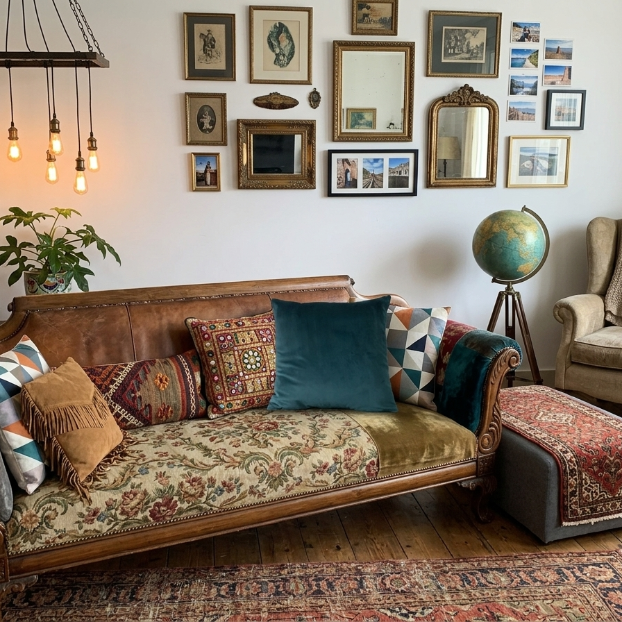 A rich teal velvet cushion styled on a vintage leather sofa surrounded by an eclectic gallery wall, indoor plants, and layered patterned rugs.
