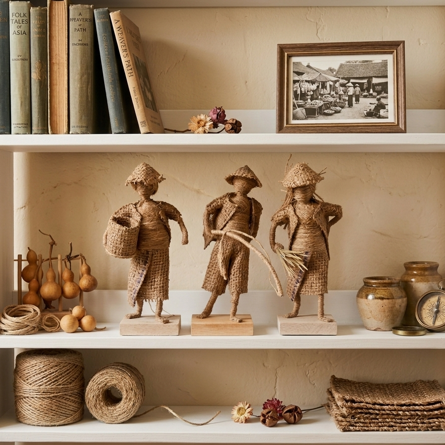 The jute statues are displayed on the middle shelf of a white, built-in bookcase. They are surrounded by thematic elements like spools of twine, small gourds, and a framed black-and-white photograph of a traditional Asian marketplace.