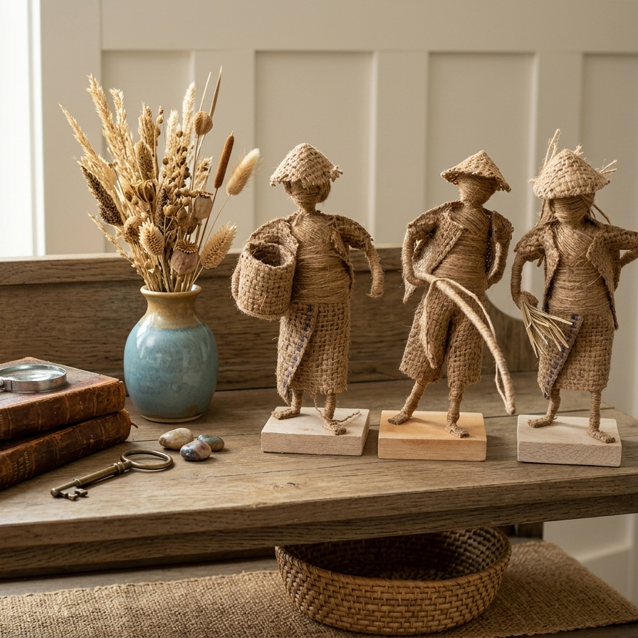 Positioned on a vintage wooden bench, the three jute-wrapped figures are accompanied by a blue ceramic vase filled with dried wheat and a magnifying glass resting on old leather-bound books.
