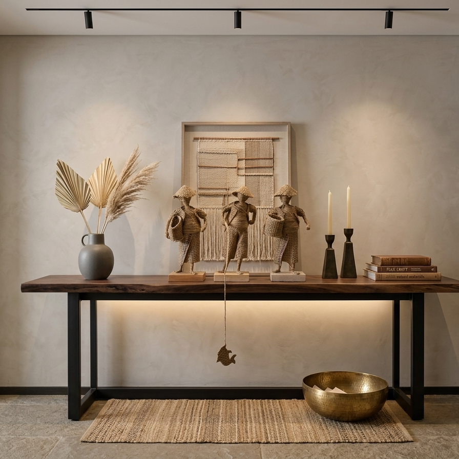A wide shot of a sleek, dark wood console table featuring the three jute statues centered in front of a framed textile art piece. The warm under-lighting of the table and overhead track lighting create soft shadows against a textured plaster wall.