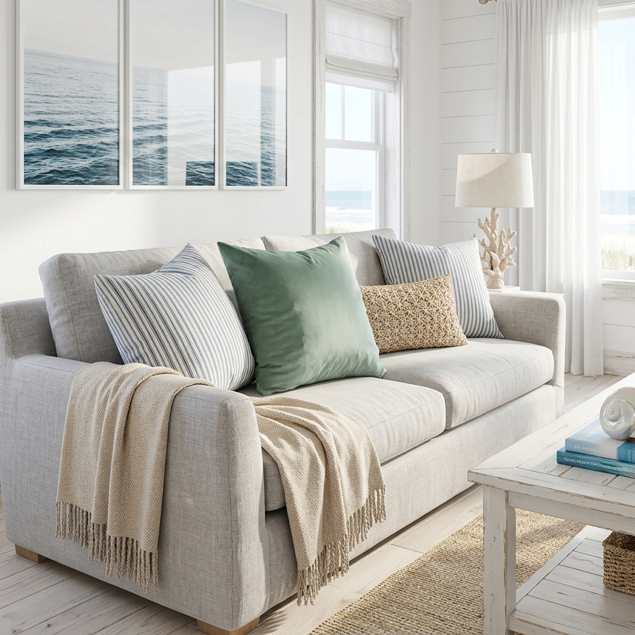 A sage velvet accent pillow styled on a light grey couch in a coastal living room with blue striped cushions and ocean-themed decor.