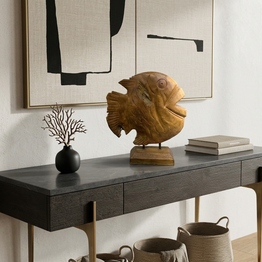 Artisan teak fish sculpture displayed as a centerpiece on a modern dark wood console table, paired with minimalist abstract wall art and a black coral-style vase.