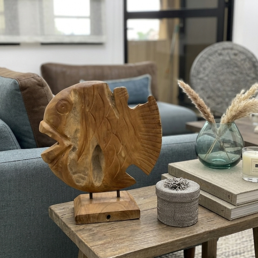 Large rustic wooden fish decor on a side table in a cozy living room, next to a teal glass vase with pampas grass and a scented candle.