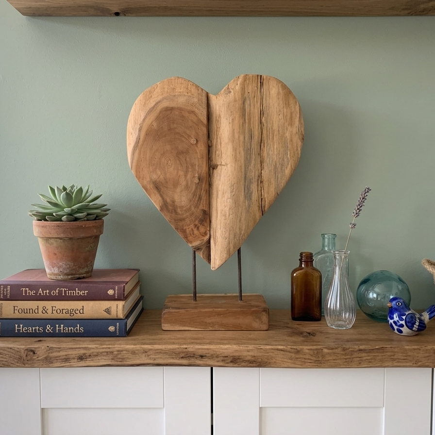 Close-up of a large natural wood heart statue featuring visible grain patterns and organic textures, styled on a wooden sideboard against a sage green wall with vintage books and glass decorative bottles.