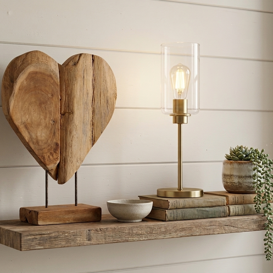 A rustic, hand-carved teak wood heart sculpture mounted on a minimalist black metal stand with a solid wood base, displayed on a reclaimed wood floating shelf alongside a gold Edison bulb lamp and a succulent plant.