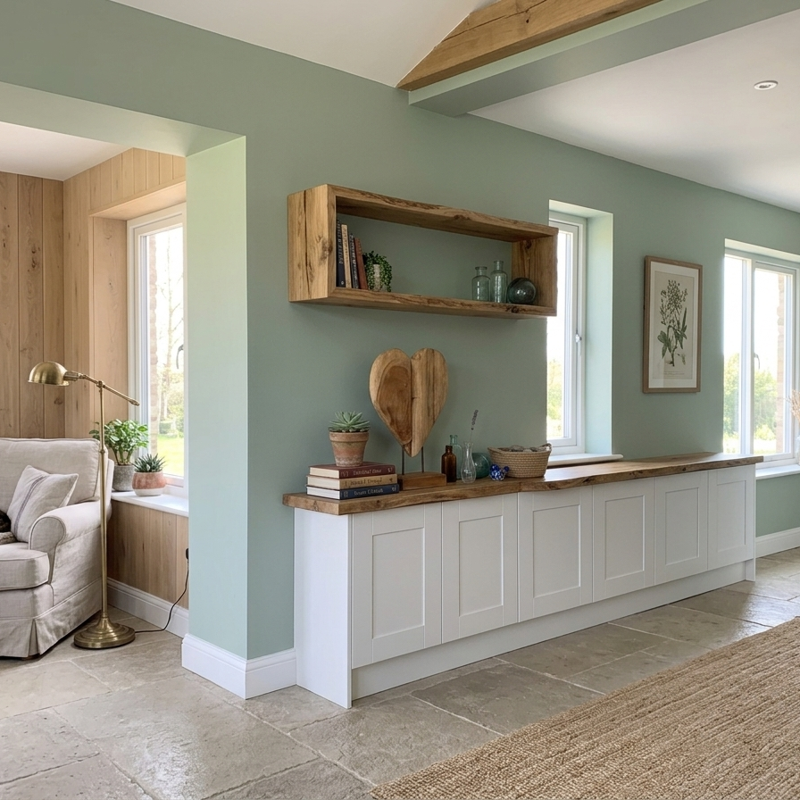 Wide shot of a bright, modern farmhouse living room featuring a wooden heart sculpture as a centerpiece on a long white built-in cabinet under a floating wooden shelf.