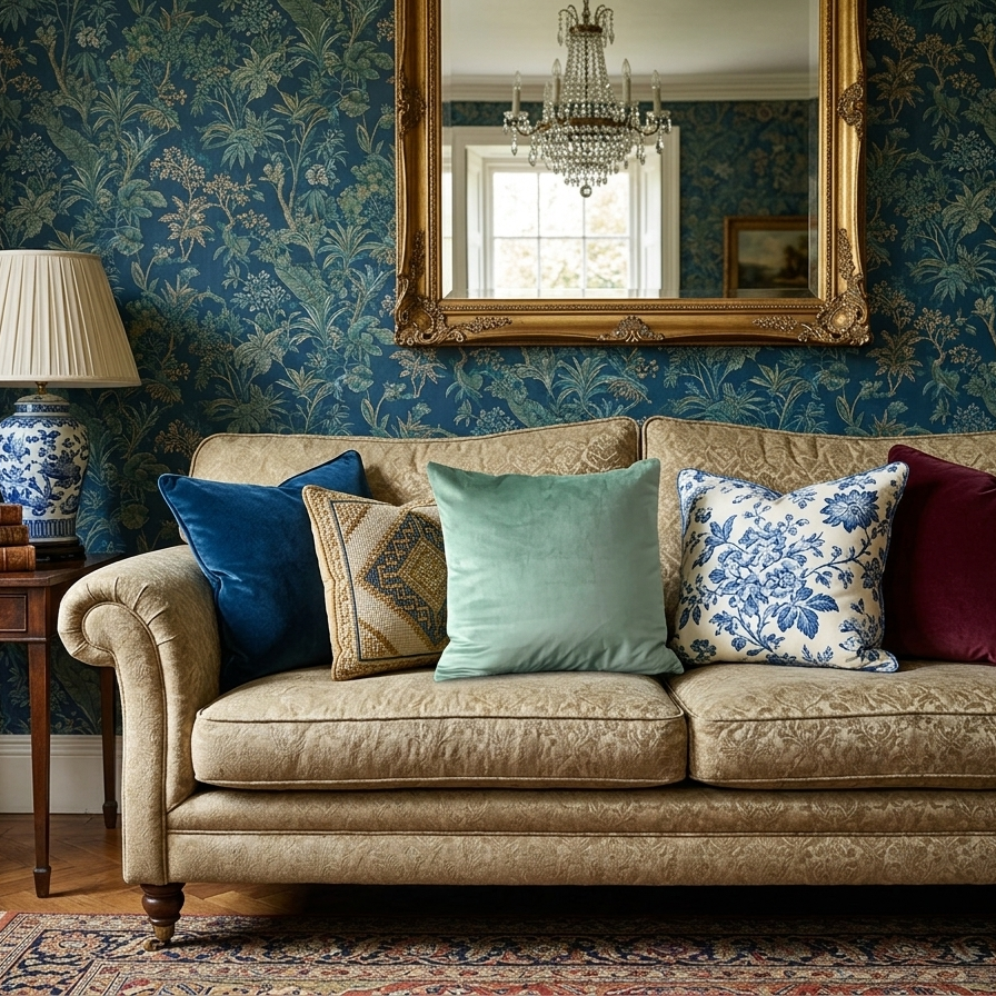 Luxurious teal velvet pillow on a classic Chesterfield leather sofa, set against a brick wall with vintage Americana decor and warm ambient lighting.
