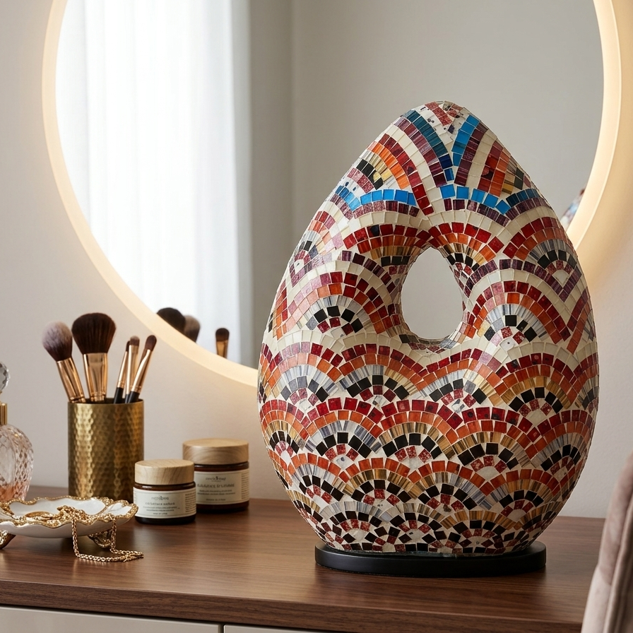 A teardrop-shaped mosaic table lamp with a center cutout, styled on a wooden vanity next to makeup brushes, perfume, and jewelry in front of a glowing circular mirror.