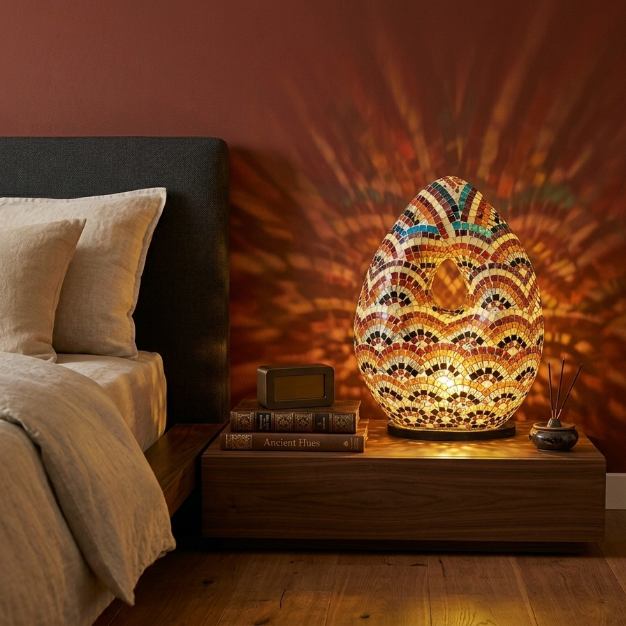 Illuminated teardrop mosaic lamp casting warm, patterned light reflections onto a dark red wall in a cozy bedroom setting, placed on a modern wooden bedside table.