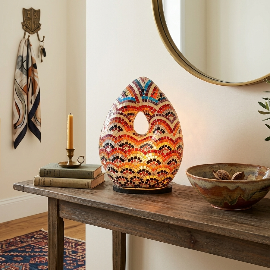 Decorative mosaic teardrop lamp illuminating an entryway console table, surrounded by vintage books, a brass candle holder, and a ceramic bowl in a bright, neutral room.