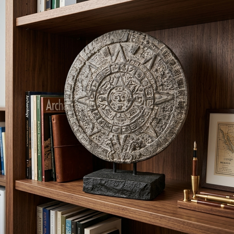 Detailed close-up of a circular Aztec calendar replica on a walnut shelf, paired with books on Mexican archaeology and a framed vintage map.